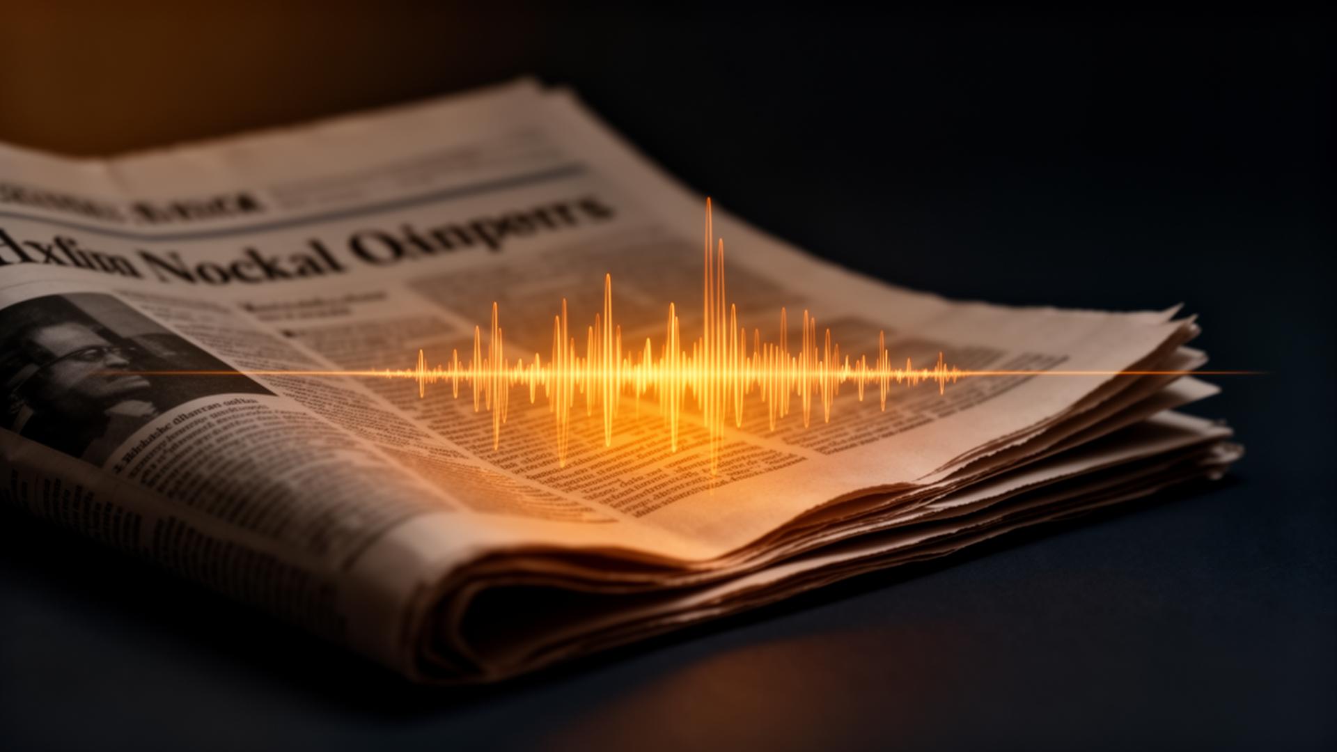 A printed newspaper with glowing audio waveforms rising from the page